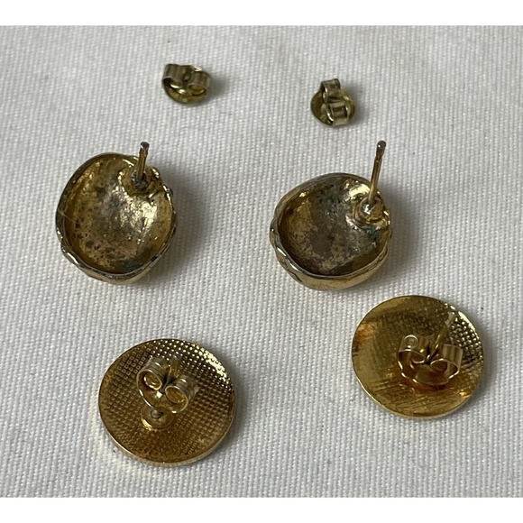 Vtg Cloisonné  Enamel Landscape Earrings 5/8" Round Gold Blue Brown FREE Pair - Picture 8 of 9